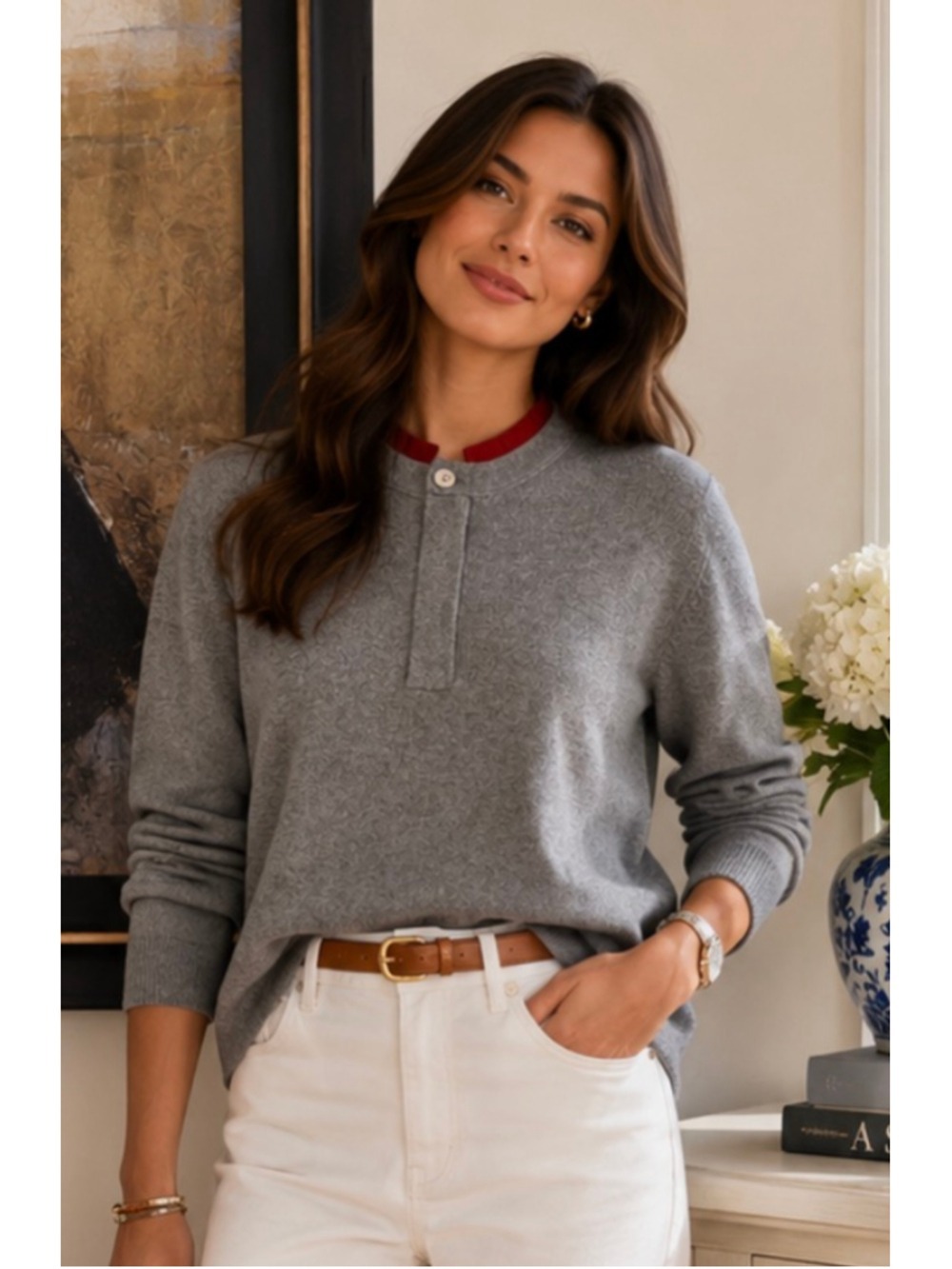 New Shanghai Tang Gray & Red Cashmere Blend Crew Neck Sweater S